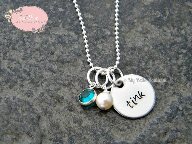 Personalized Hand Stamped Necklace with Swarovski Pearl and Birthstone Charms