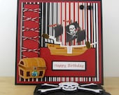 Pirate Birthday card, boys kids childrens birthday, pirate ship and treasure chest