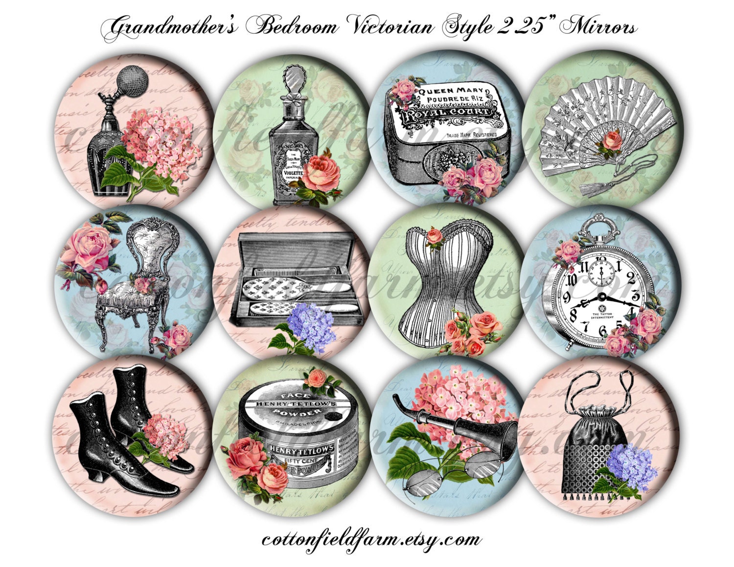 Grandmother's Bedroom Victorian Style 2.25 Inch Mirrors Set of 12 for Weddings, Birthdays, Showers, Gifts  ECS