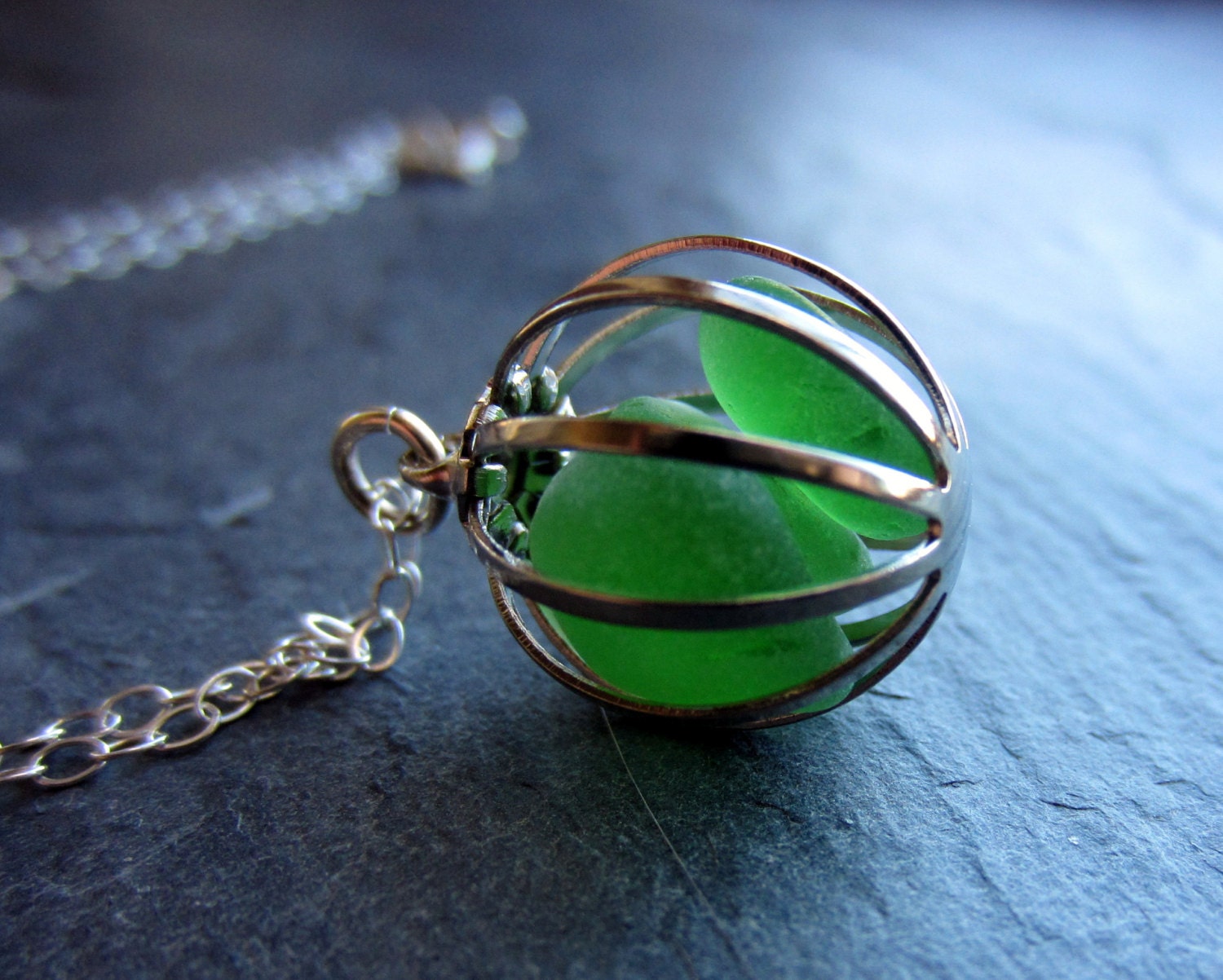 Apple Green Sea Glass Necklace Sterling Silver, Cage Locket, Mermaid Tears, Beach Necklace Ready to Ship