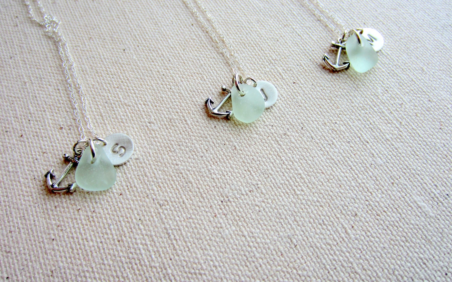 Personalized Charm Necklace with Sea Glass Anchor and Initial Charm Sterling Silver Wedding Bridesmaid Gift Set of 3, Hand Stamped