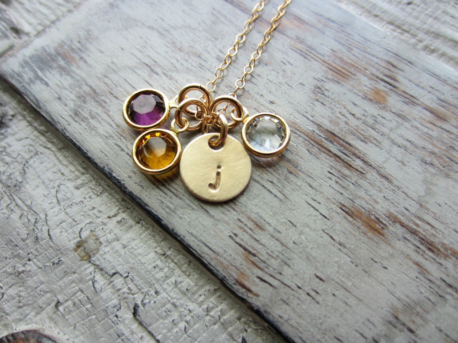Initial Jewelry 14k Gold Filled Personalized Initial Necklace Simple Monogram Charm Rustic with 3 Three Birthstones, Mothers Day