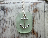 Seafoam Green Sea Glass Necklace, Sterling Anchor Charm, Ocean Necklace, Recycled, Hope Necklace, Mint Green, Sailor