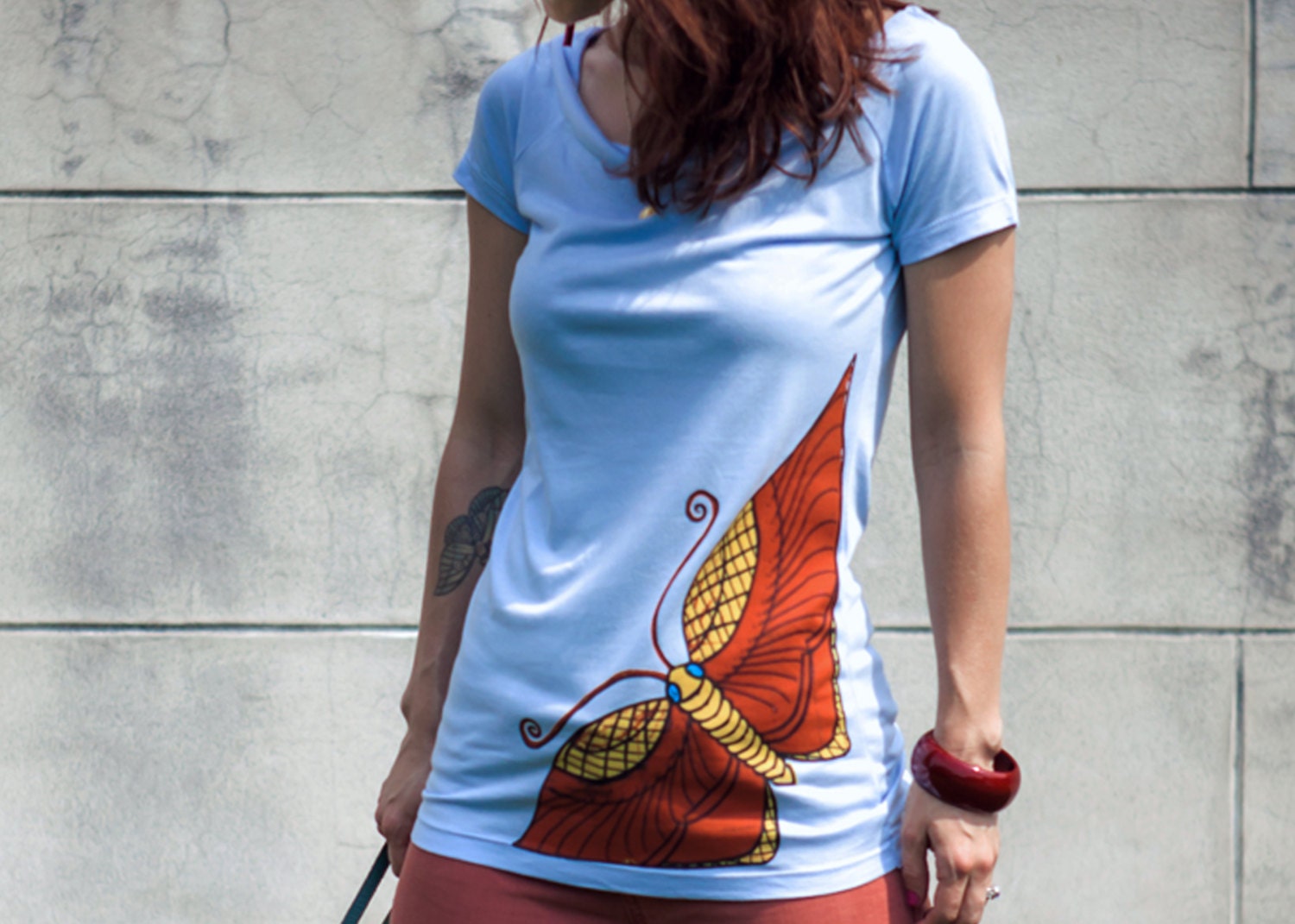 Butterfly Ladies Sky Blue Tshirt - Size Large