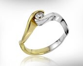 Solitaire Ring, Solitaire Emgagemet Ring, Unusual  Handmade Nuritdesign  14k White and Yellow Gold