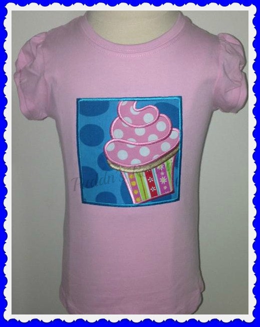 Girls Embroidered  Cupcake Appliqued Tee T Shirt