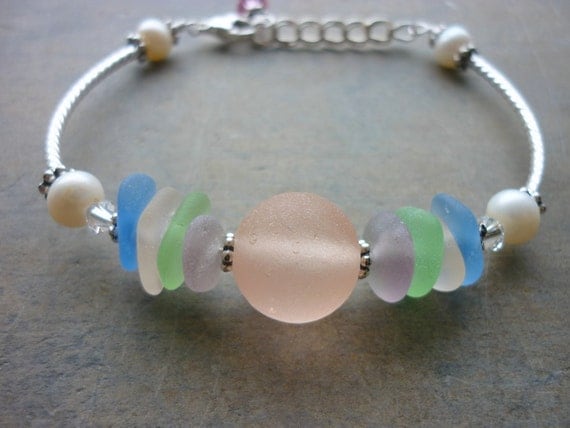 Sea Glass Bracelet - Pink Marble Cotton Candy Beach Seaglass
