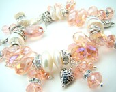 Peach crystal bracelet, chunky pearl charm bracelet, peach pink crystal cha cha bracelet, bridal jewelry