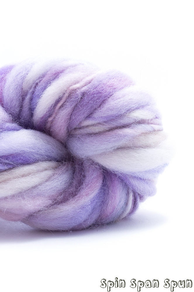 Violets in the Snow, Thick and Thin Bulky Yarn, HandSpun Extra Fine Merino Yarn, 105 yards