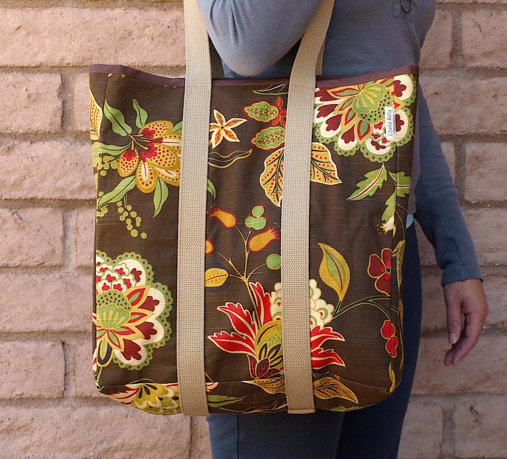 Brown and Golden Floral Market Shopping Bag Tote  JESSIE