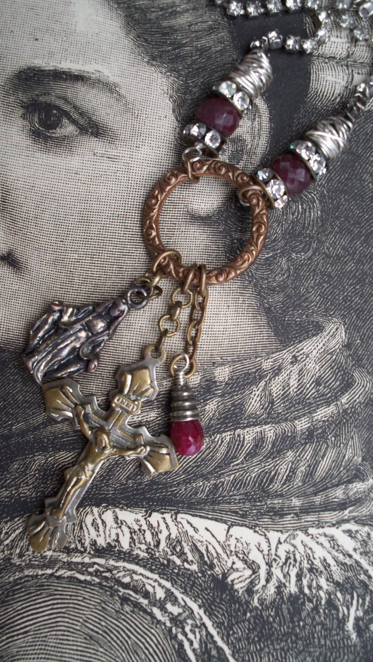 Adoration - A Circle of Divine Love -Vintage Assemblage Necklace - with Rubies and Rhinestones