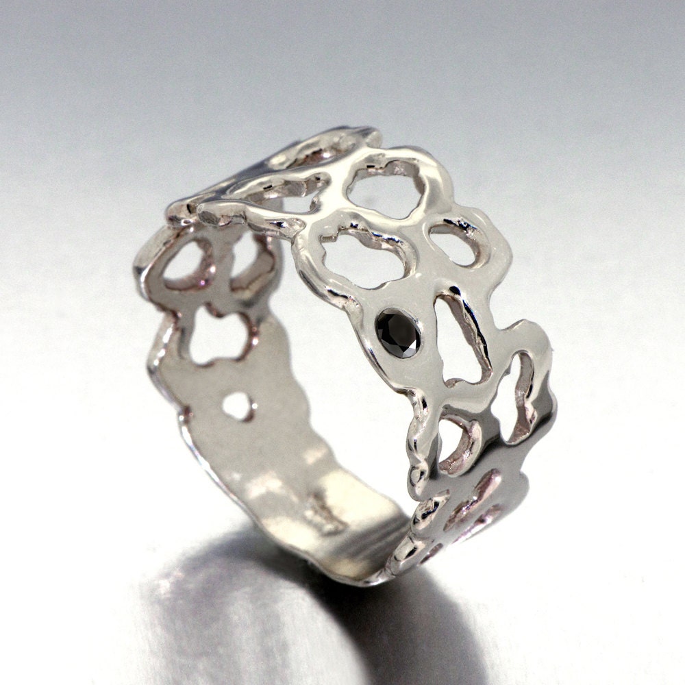 WHITE LEOPARD 14k White Gold Ring, Unique Gold Diamond Ring, Black Diamond Ring,  italian fine jewelry