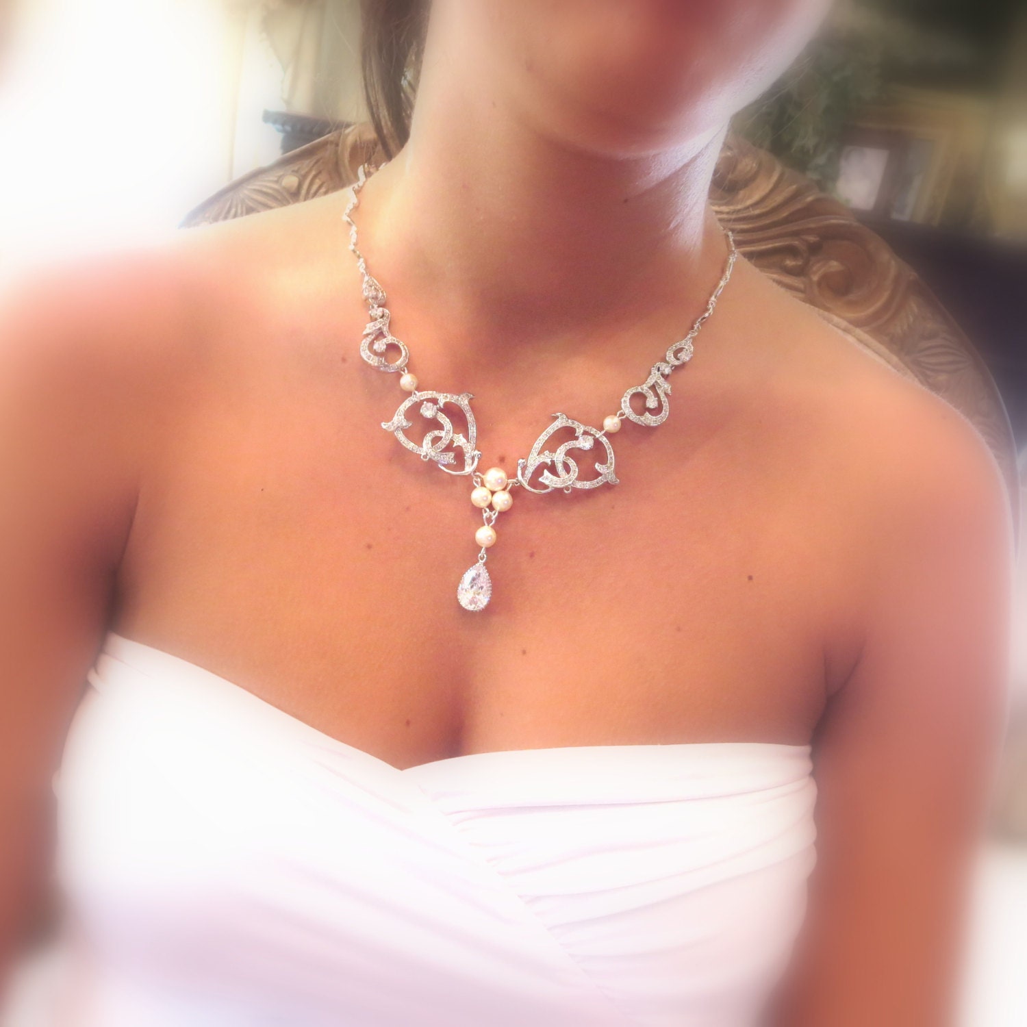 Wedding rhinestone necklace, wedding necklace, cubic zirconia necklace, bridal necklace, vintage glamour necklace