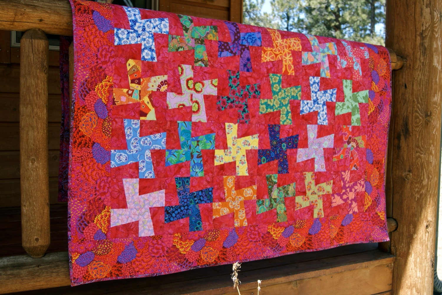 Quilt Lap Throw Handmade Kaffe Fassett Windmills Batik Fuchsia Colorful Patchwork