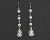 Long Bridal Earrings, Rhinestone Teardrop Pearl Bridal Wedding Jewelry, Dangle Long Drop Earrings, Bridal Jewelry -- ELIZABETH II