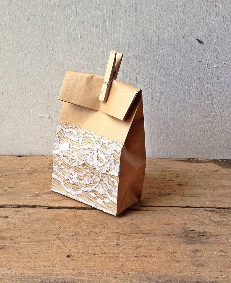 Kraft Gift Bags with Vintage Lace - Set of Five