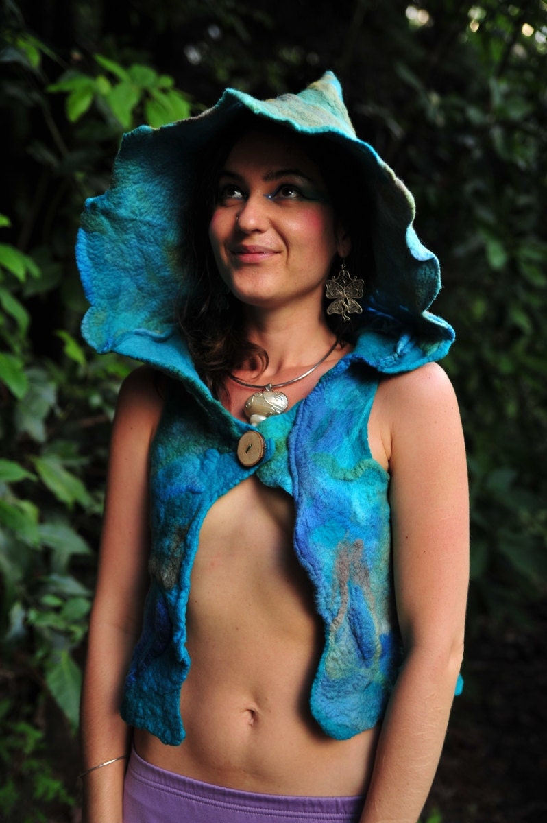 Felt Water Sprite Coral Reefs Sea Witch Pixie Hooded Vest OOAK
