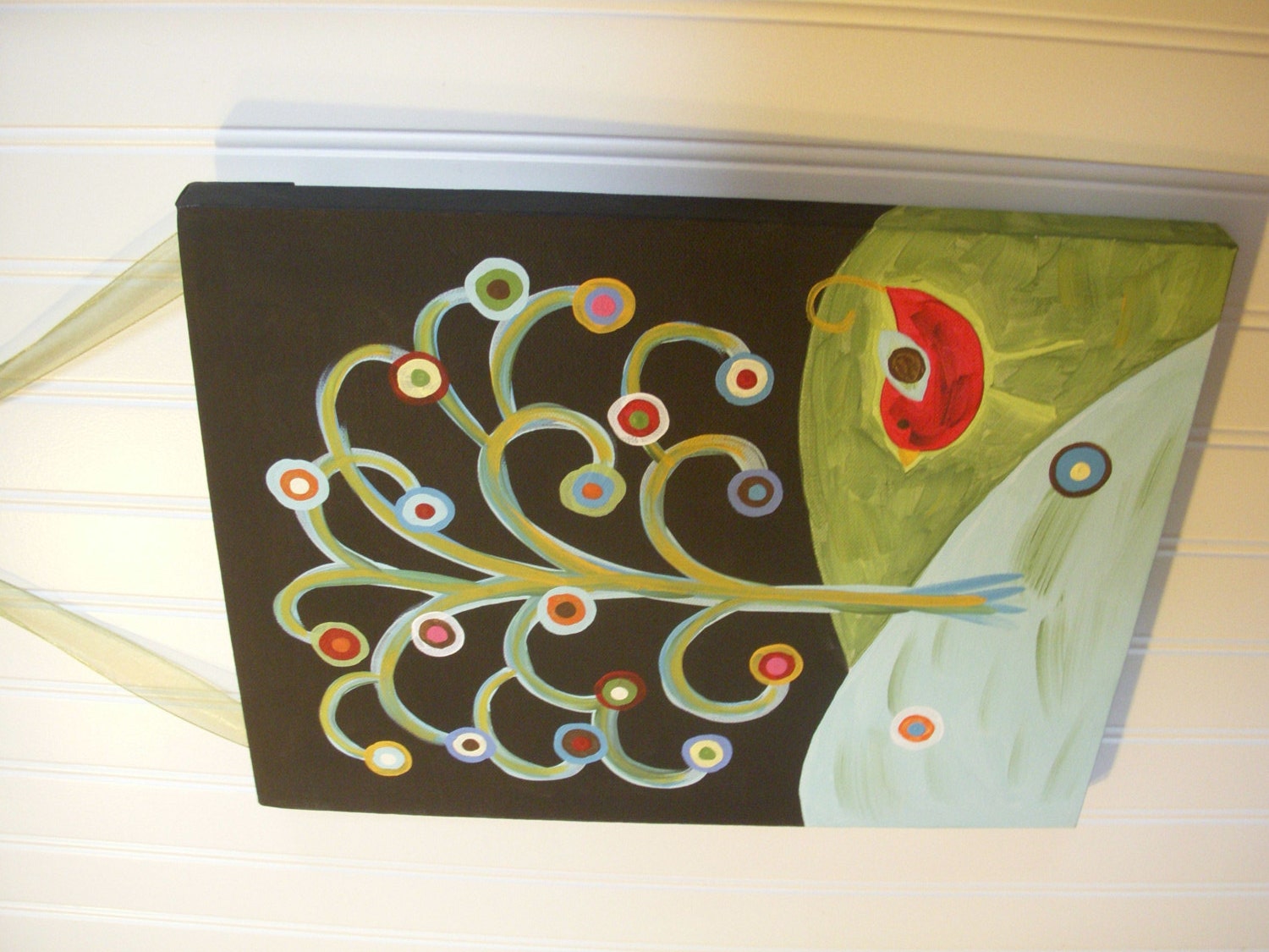 Primitive Folk Art Tree of Life..Original Painting..Hand Painted Canvas..11 x 14 Wall Art..Black Turquoise Red Bird.."Rustic Tree of Life"
