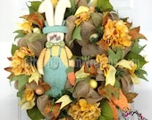 Deco Mesh Burlap BuNnY WrEaTh with Carrots Moss Green Orange Eggs Door Wreath