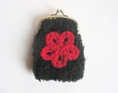 Black boucle coin purse, pouch with red floral applique and ball clasp closure, ready to ship.