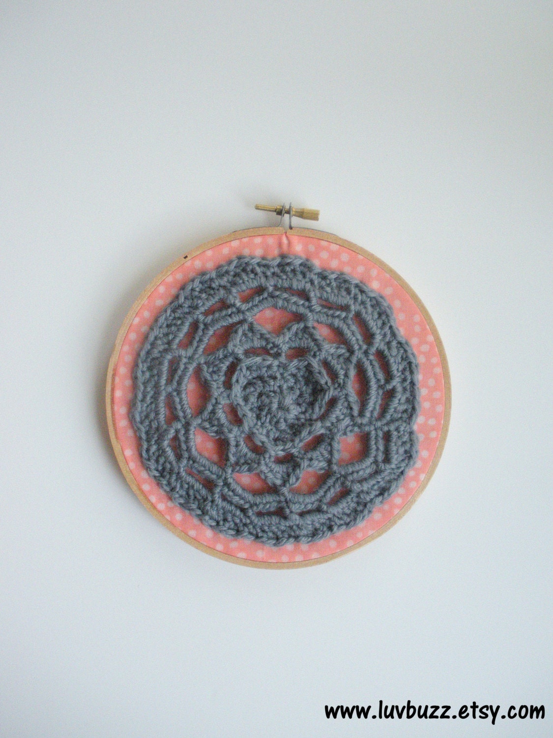 Free Form Crochet Hoop Art in Peach and Gray, ready to ship.