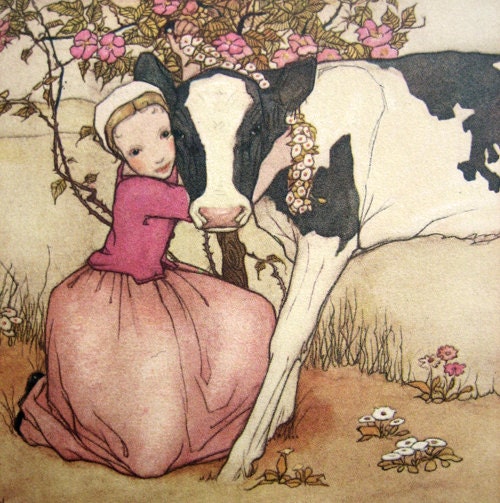 Vintage Deco postcard, girl with calf, 1930 / 1940