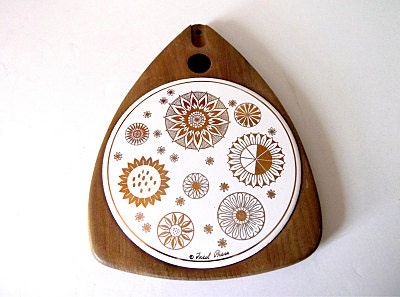 Vintage Fred Press Wood and Ceramic Cheese Board, Trivet, Gold, White