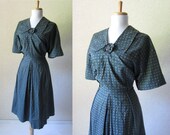 SALE  Vintage 1950s Blue Green Paisley Plaid Dress XL XXL