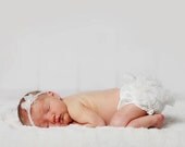 Chalk Ivory Chiffon Diaper Cover Newborn Baby Photography Props with Matching Headband in 0-3 Mo - Newborn Photo Props, Bloomers, Girl Props