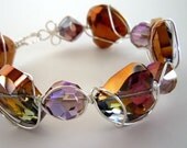 Wire Wrapped Crystal Heart Bangle Bracelet in Purple by Debbie Renee, Silver Plated Wire
