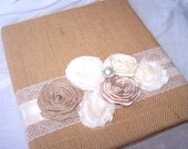 Burlap WEDDING GUEST BOOK with Photo Spot - Burlap and Lace, Ivory, Modern Shabby Chic Flower, Rosettes, Lace, Custom colors available