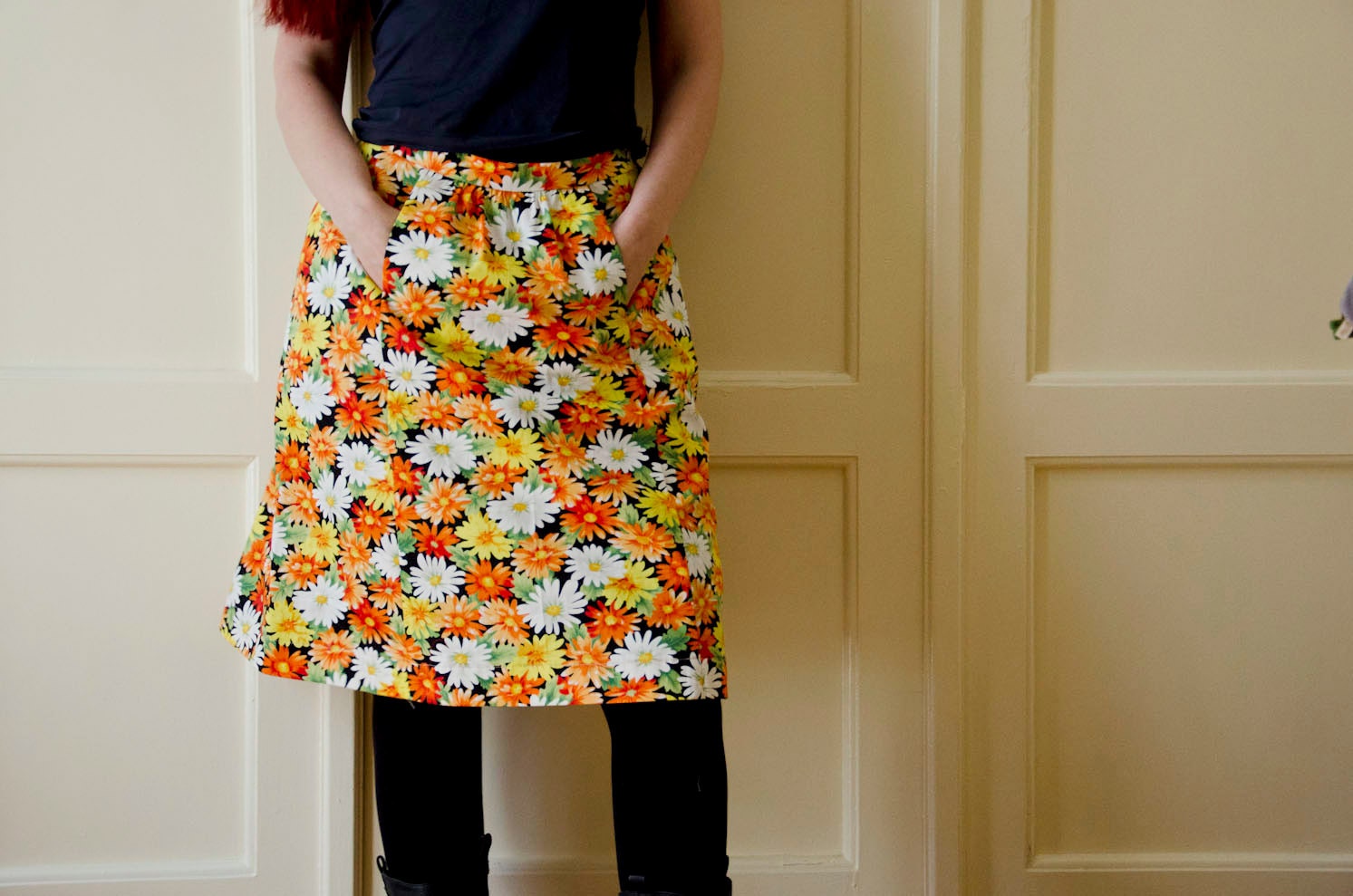 Aline Skirt with Orange Daisies, Cotton Summer Skirt with Pockets, Flower Garden Skirt