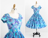 vintage 1950s dress / 50s dress / Blue and Lavender Floral Print Cotton Sundress