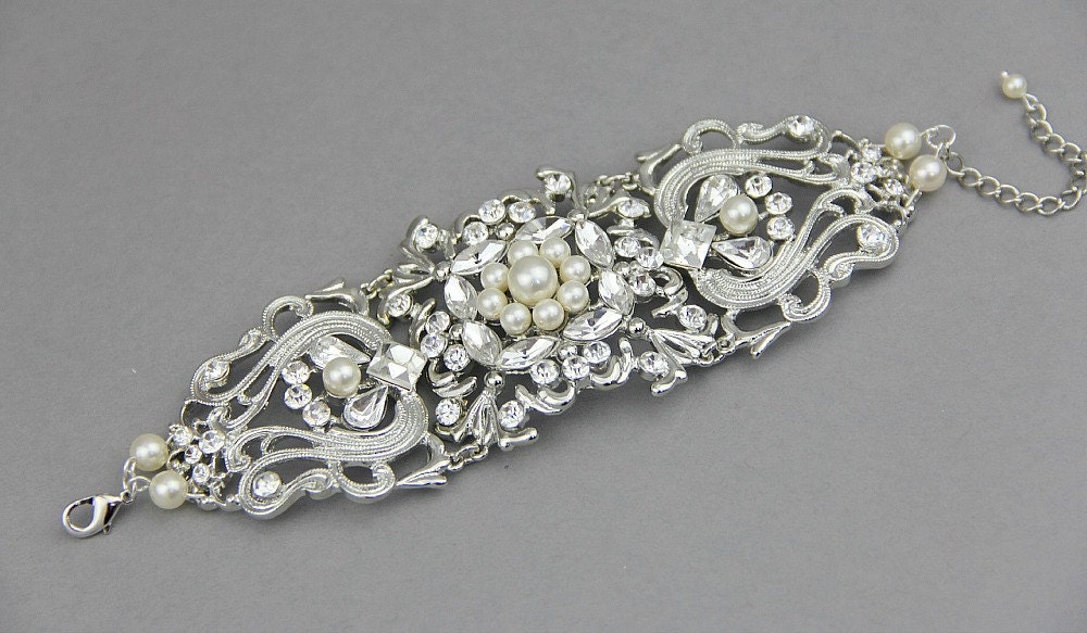 Pearl Bridal Cuff Bracelet,Vintage  Pearl Wedding Bracelet, Vintage Wedding Bridal Bracelet, Bridal jewelry- Style 405