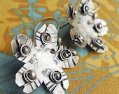 Antiqued Nickel Flower Rosettes Gunmetal Silver Earrings Metalwork Cherry Blossom