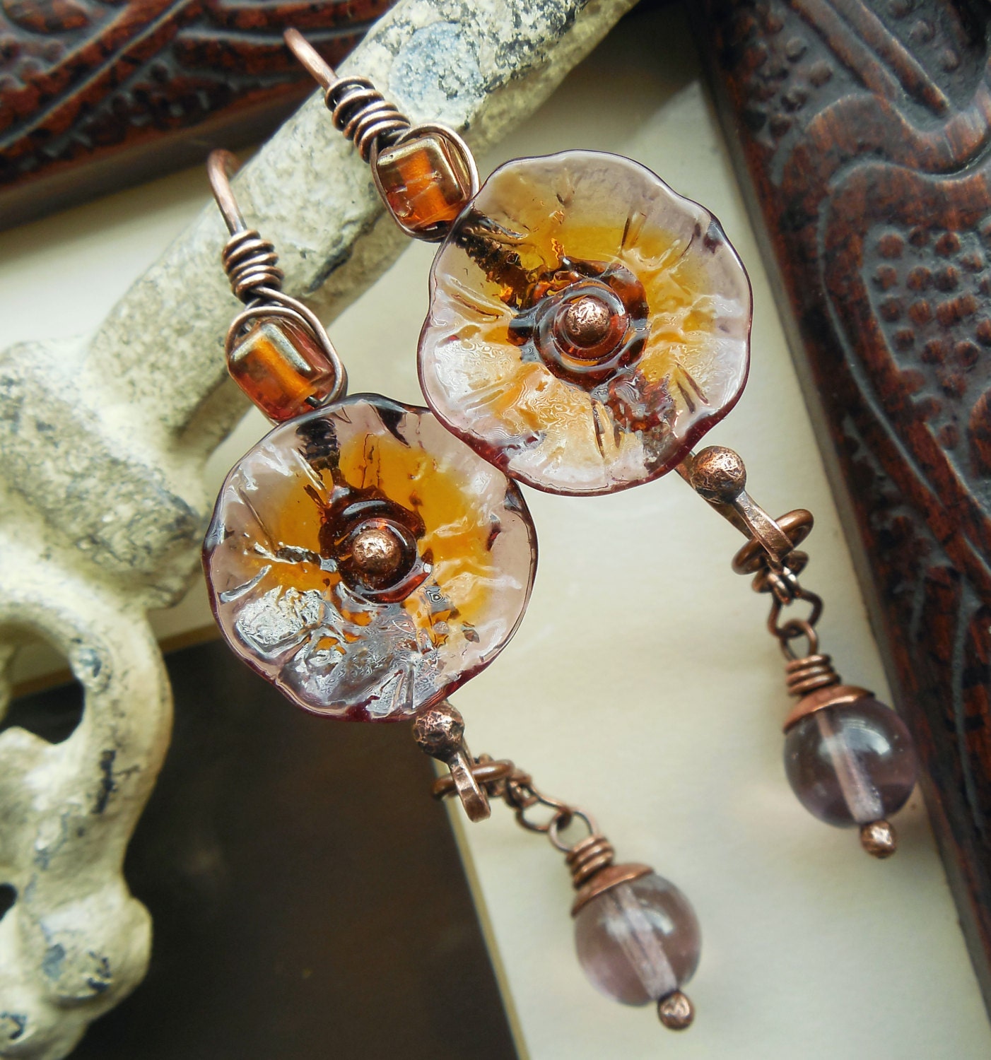 Glass Poppy Blossom Earrings Lilac and Amber Lampwork with Antiqued Copper Metalwork