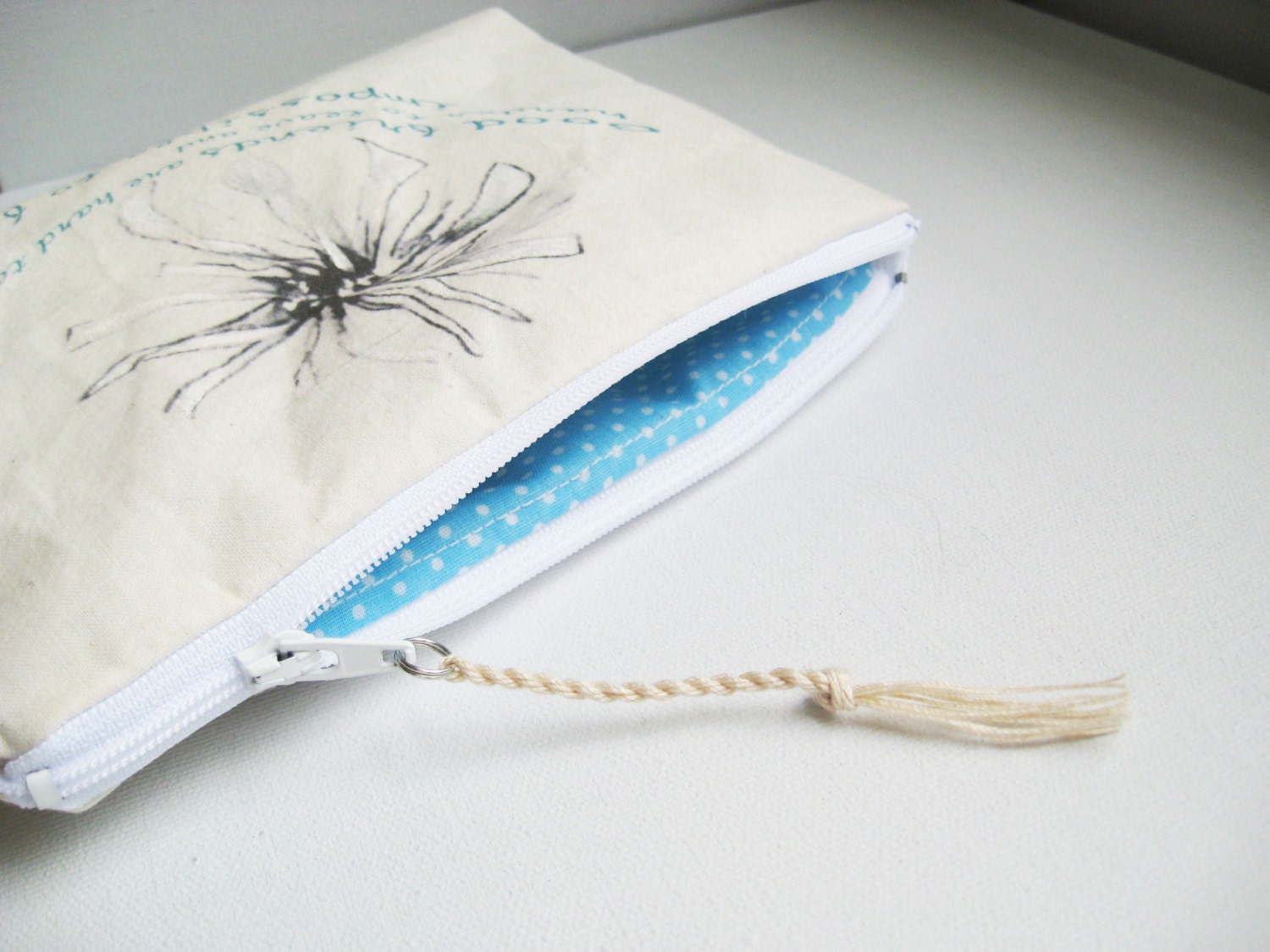 Friend Gift Quote Bag Zipper White and Natural Polka Dot Blue Lining OOAK Going Away Gift