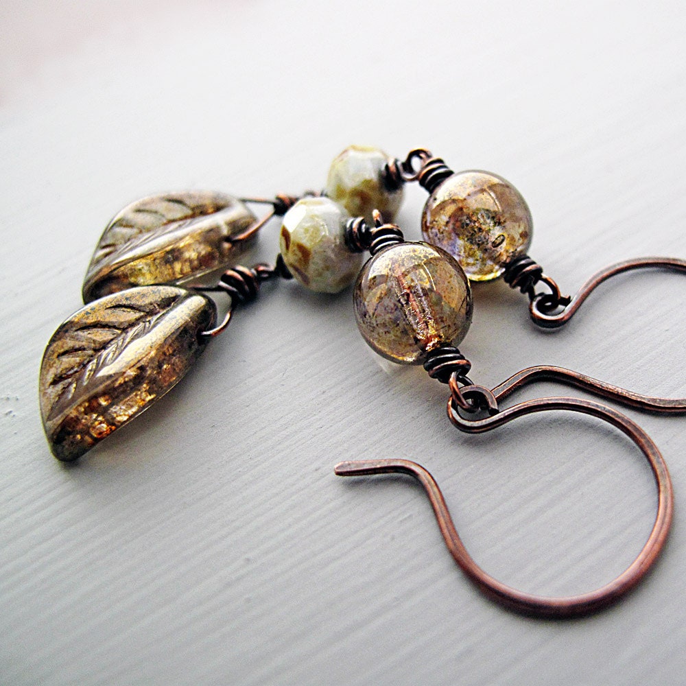 Amber Glass Boho Earrings, Czech Glass, Wire-wrapped Copper
