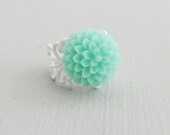 Flower Ring, Light Turquoise Dahlia, Adjustable Filigree Band, Size Small