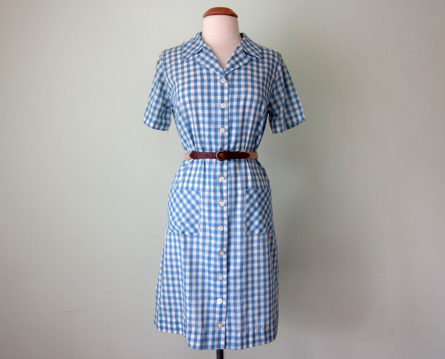 60s dress / blue gingham cotton button front short sleeve summer (m - l)