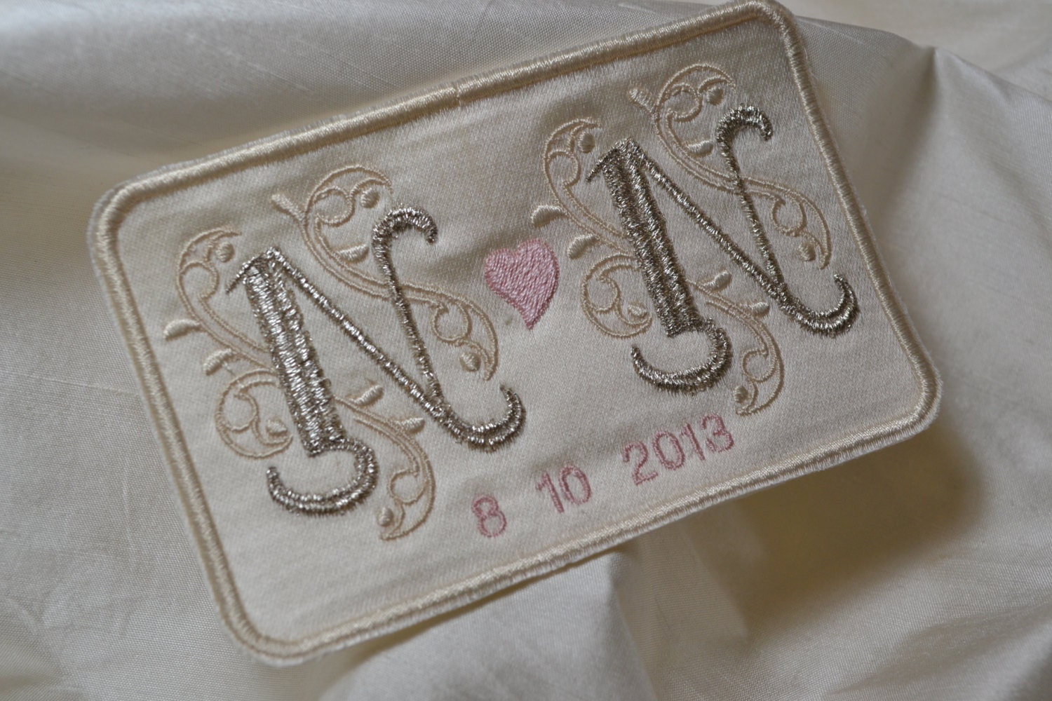 Custom Embroidered Wedding Dress Label French Silk Satin and Silver Thread Custom Embroidered Wedding Dress Label French Silk Satin and Gold