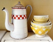 vintage French enamelware coffee pot, white with red checkers, lustucru pattern