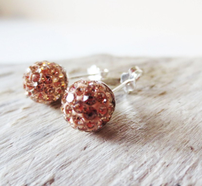 Peach pave stud post earrings in silver.  Crystal glitter disco ball earrings.