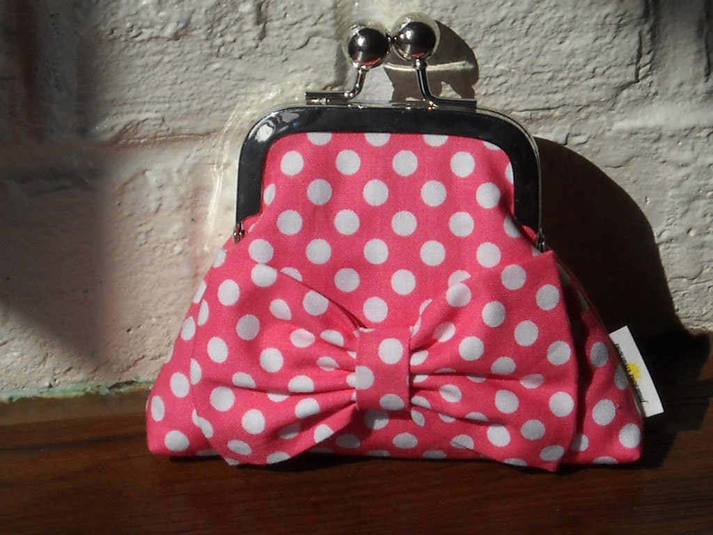 Clutch - Coin Purse - Bubble Gum Pink Lining Polka Dot with Bow