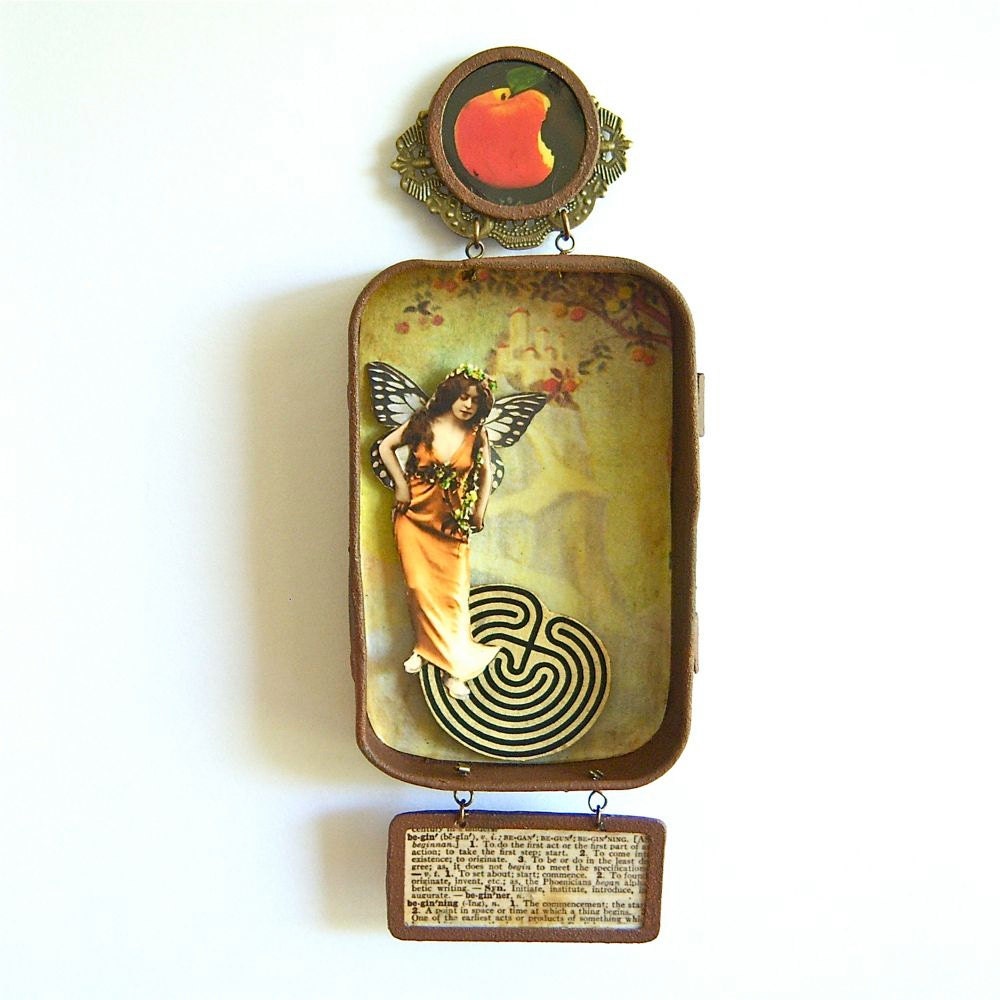 Mixed media hanging fairy Altoid tin shadow box Assemblage - Begin Again