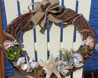 BEACH DECOR SHELL wreath, burlap, rope, succulents, nautical, coastal starfish,