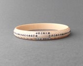 Art Deco Celluloid Bangle with Rhinestones. Rare Carved Two Tone with Blue Stones.