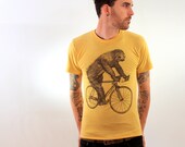tree SLOTH on a Bicycle - American Apparel Mens T Shirt - xs s m l xl xxl - Heather Gold