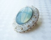 Vintage Oval Opalescent Glass Brooch Milk Glass with Gold Blue Glowing Center Circa 1950's