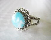 Vintage Marbled Glass Ring W. Germany Blue and White Silvertone Braided Base Adjustable